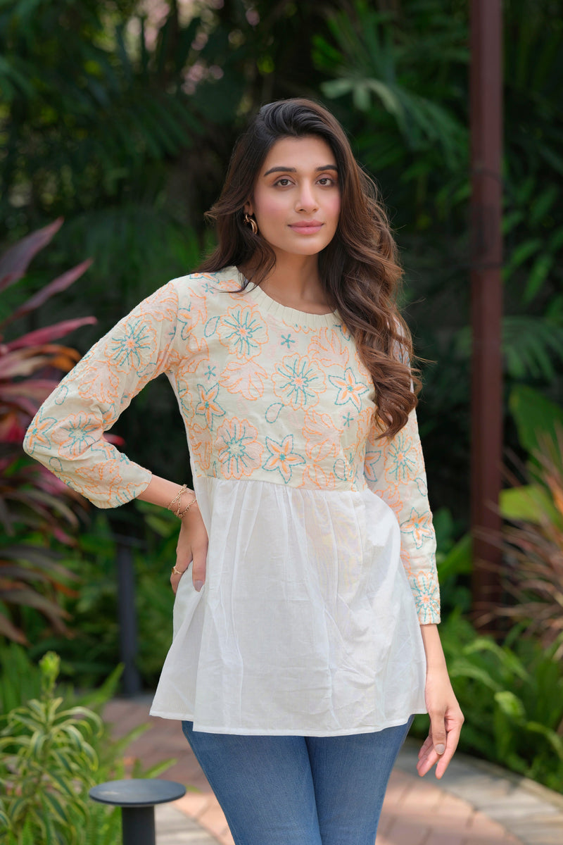 Pure Cotton Heavy Embroidery White Tunic