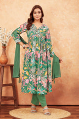 Green Floral Alia Cut Printed Suit Set