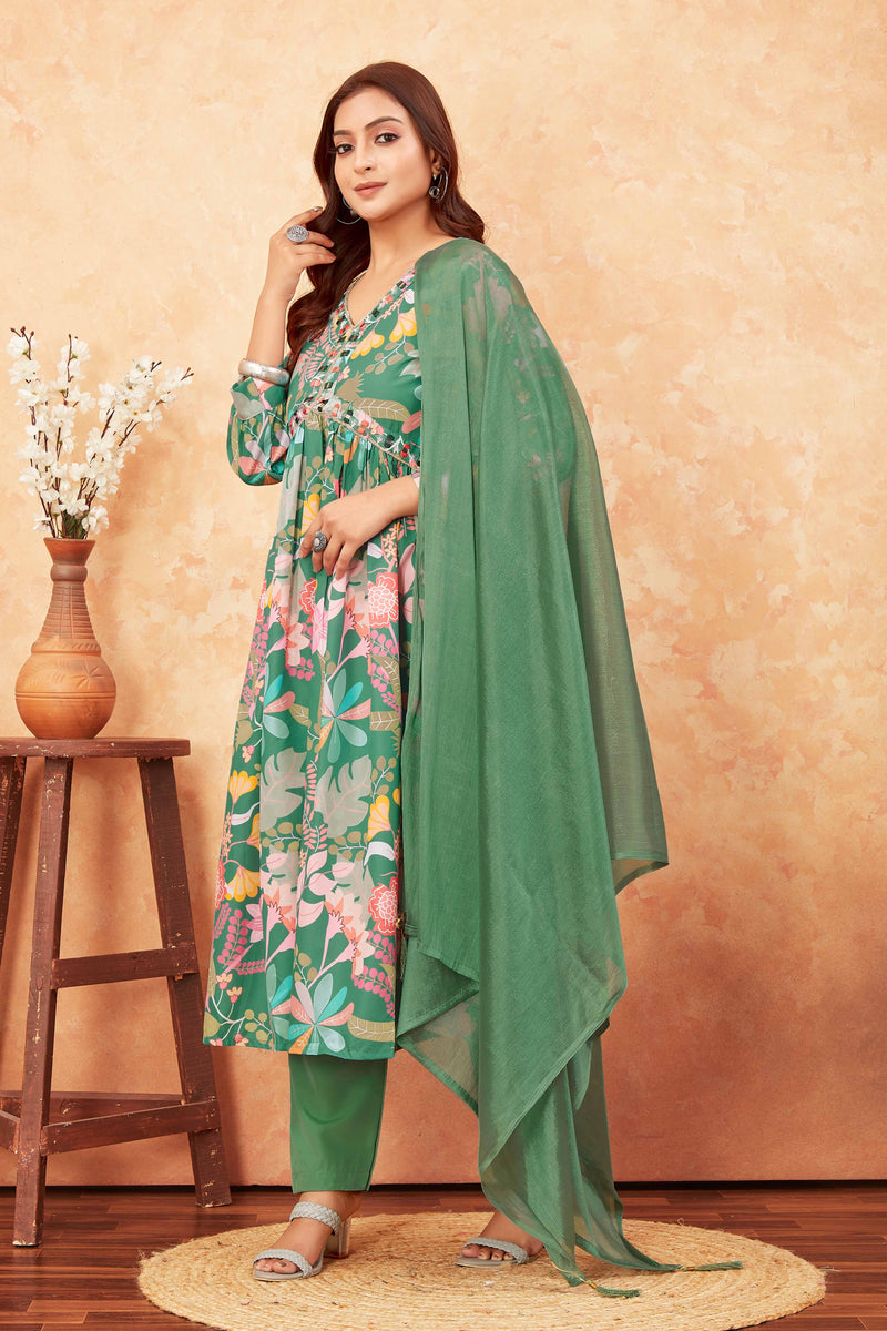 Green Floral Alia Cut Printed Suit Set