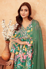 Green Floral Alia Cut Printed Suit Set