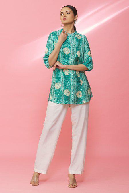 Green Rayon Geometric Print Mandarin Collar Shirt