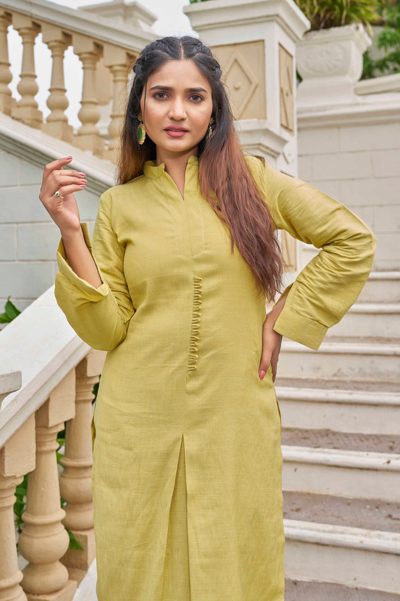 Yellow Pure Luxury Linen Kurti With Pant